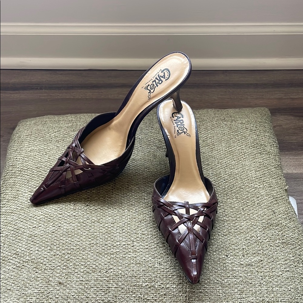 Carlos Santana Brown Leather Heels with Woven Embellishments